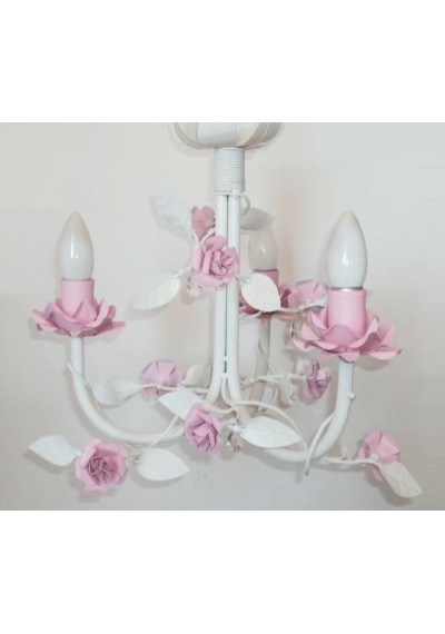Lustre branco e flores rosa 3 lampadas